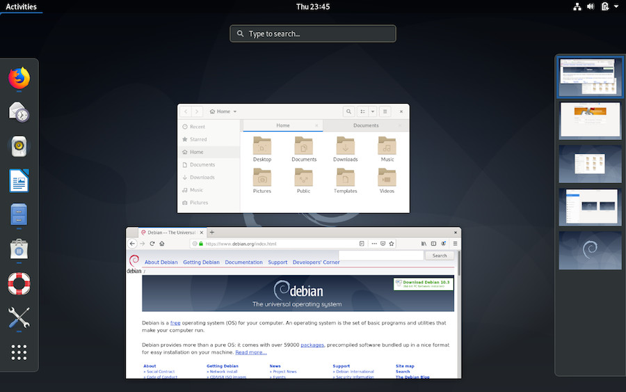 Gnome and virtual desktops displayed on the right panel