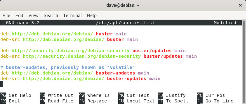 An example of ‘sources.list’ file on Debian 10