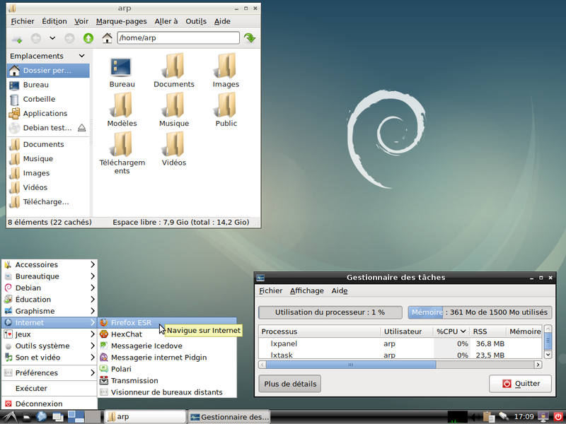 Le bureau LXDE et PCManFM sur Debian